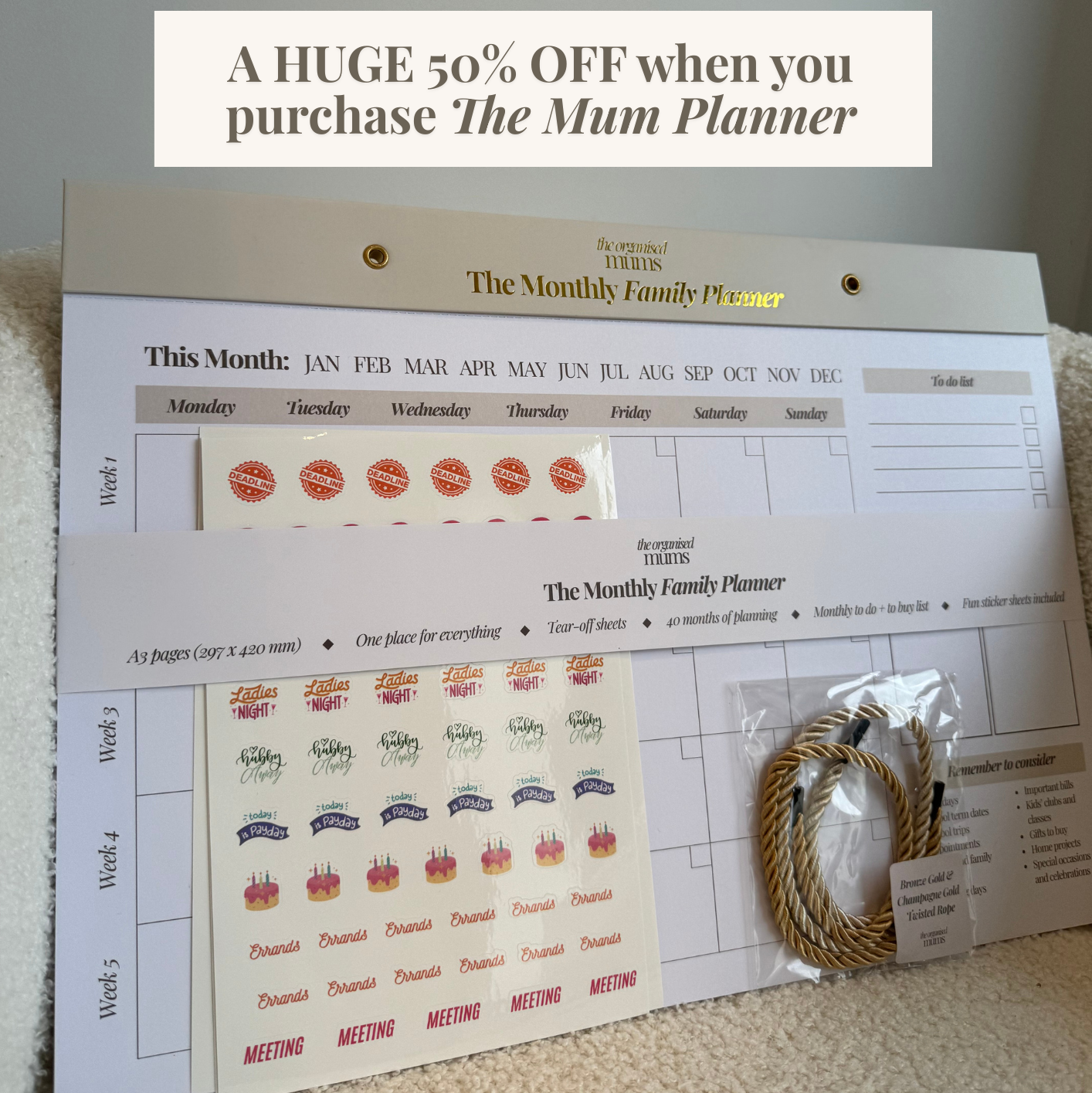 Family planner with promotional text overlay on a neutral background